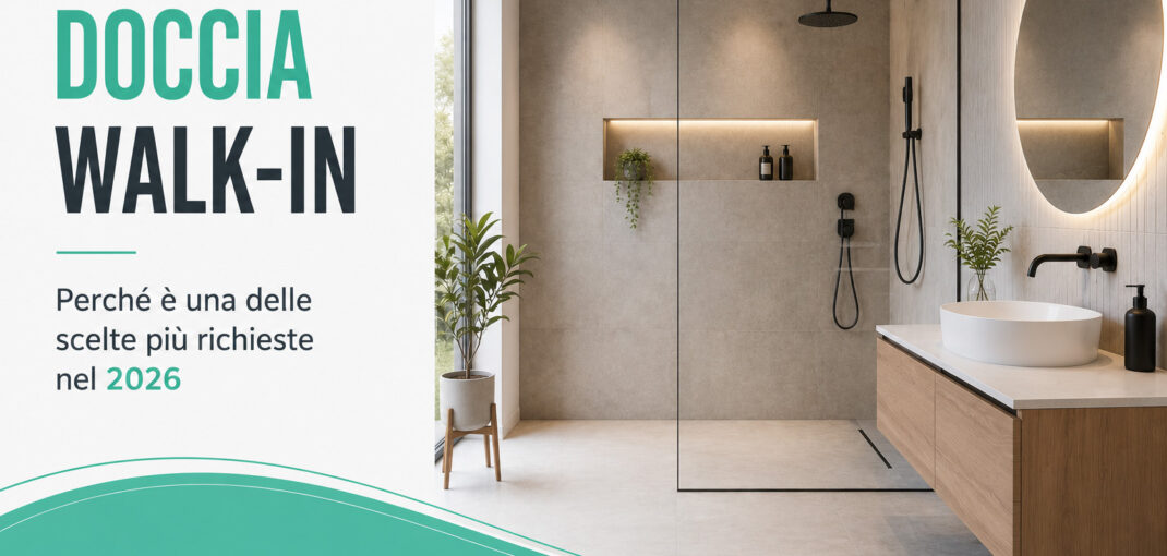 Bagno moderno con doccia walk-in, parete in vetro e arredo contemporaneo, soluzione sempre più richiesta per le ristrutturazioni del 2026.