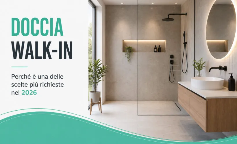 Bagno moderno con doccia walk-in, parete in vetro e arredo contemporaneo, soluzione sempre più richiesta per le ristrutturazioni del 2026.
