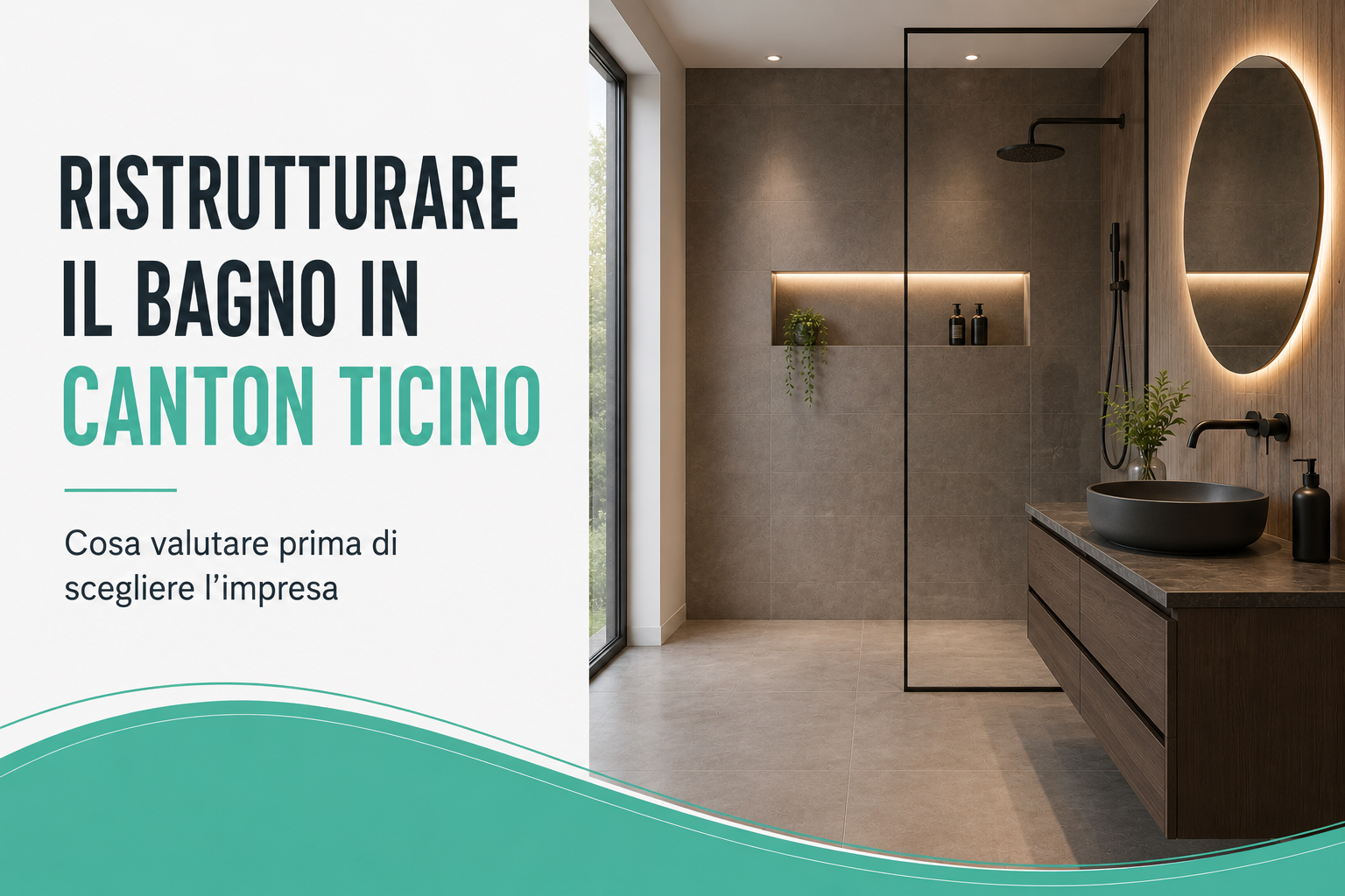 Bagno moderno ristrutturato con doccia walk-in, mobile sospeso e finiture contemporanee, esempio di ristrutturazione bagno in Canton Ticino.