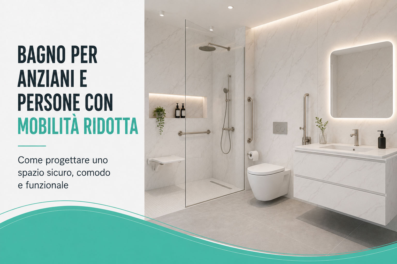 Bagno moderno progettato per anziani con doccia walk-in, pavimento antiscivolo e sanitari ergonomici.