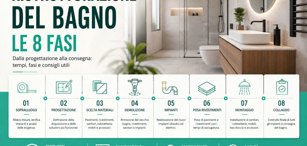 Infografica che mostra le 8 fasi della ristrutturazione di un bagno, dalla progettazione al collaudo finale, con tempi indicativi dei lavori.