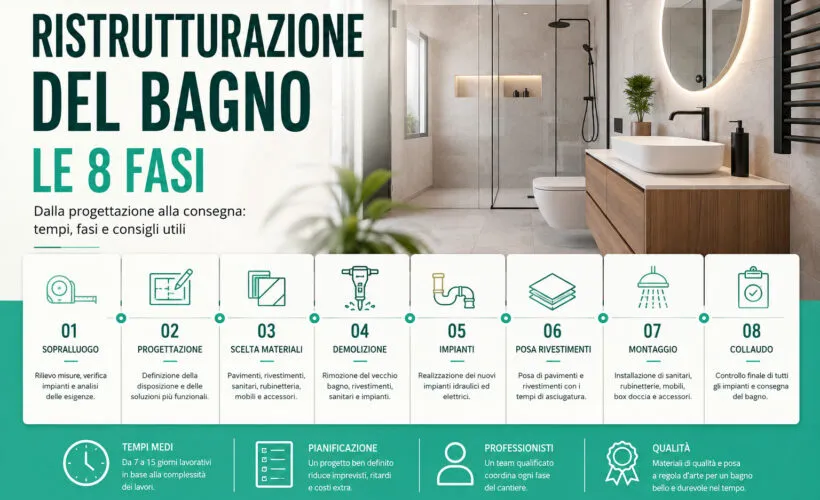 Infografica che mostra le 8 fasi della ristrutturazione di un bagno, dalla progettazione al collaudo finale, con tempi indicativi dei lavori.