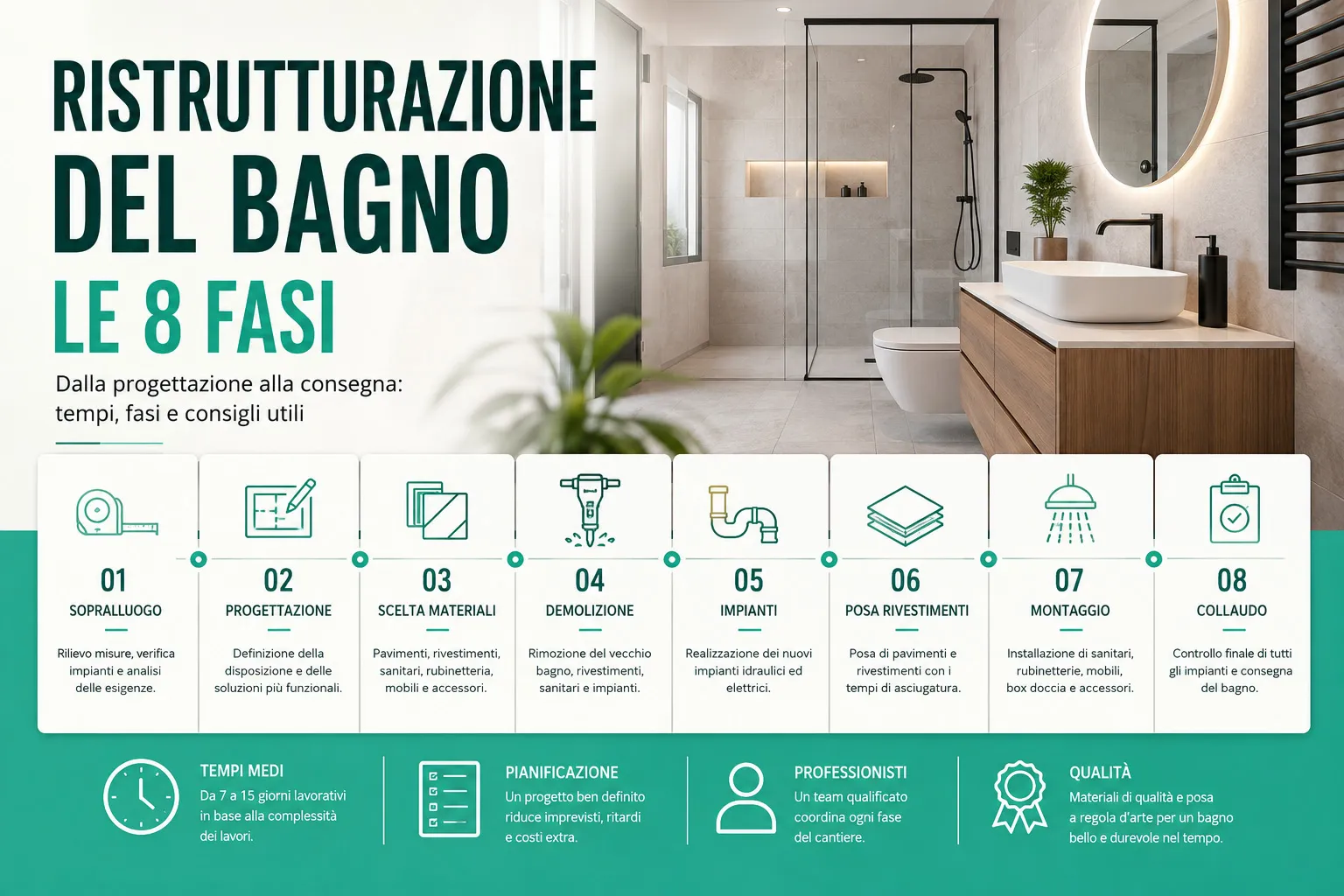Infografica che mostra le 8 fasi della ristrutturazione di un bagno, dalla progettazione al collaudo finale, con tempi indicativi dei lavori.