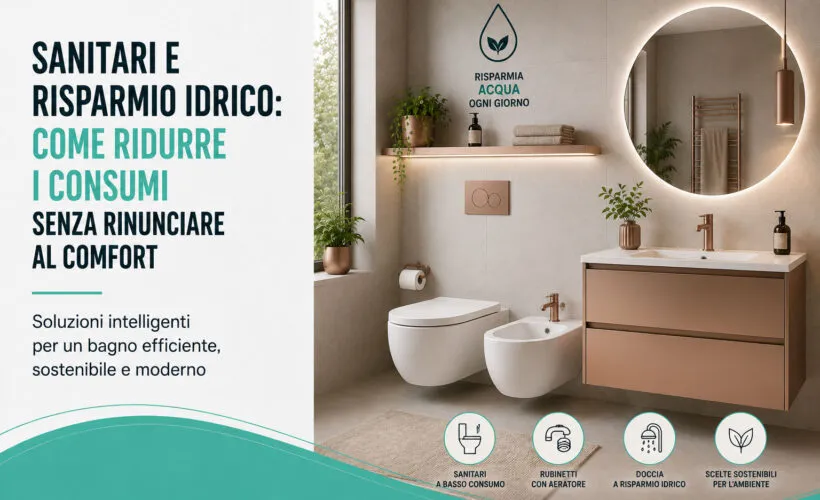Bagno moderno con sanitari di nuova generazione, rubinetteria a basso consumo e soluzioni per il risparmio idrico.